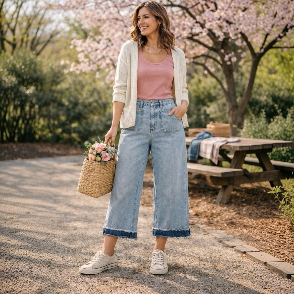 EESOME Light Wash Cropped Wide Leg Jeans XL NWT Raw Hem High Rise